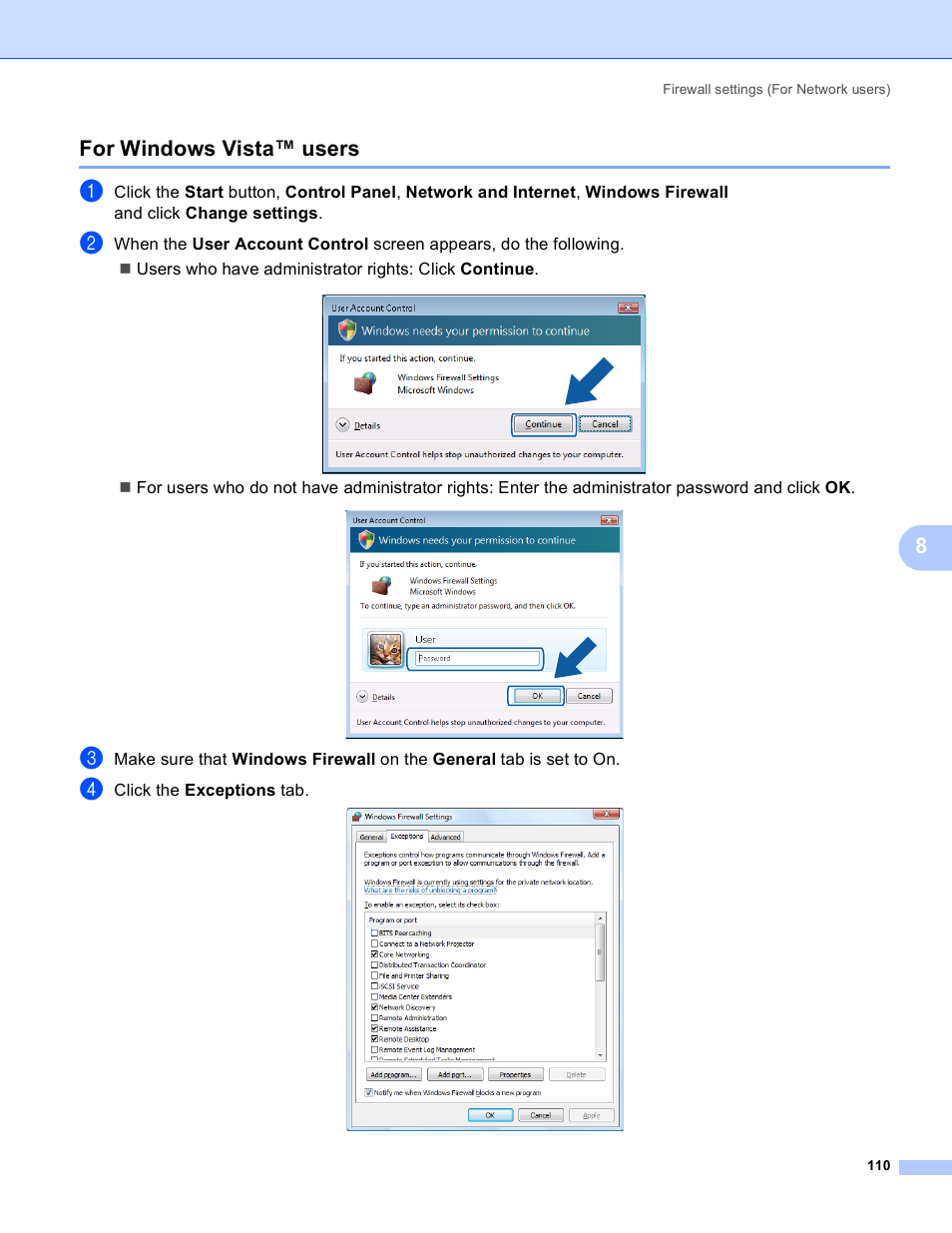 For windows vista™ users, 8for windows vista™ users | Brother MFC-230C User Manual | Page 116 / 168