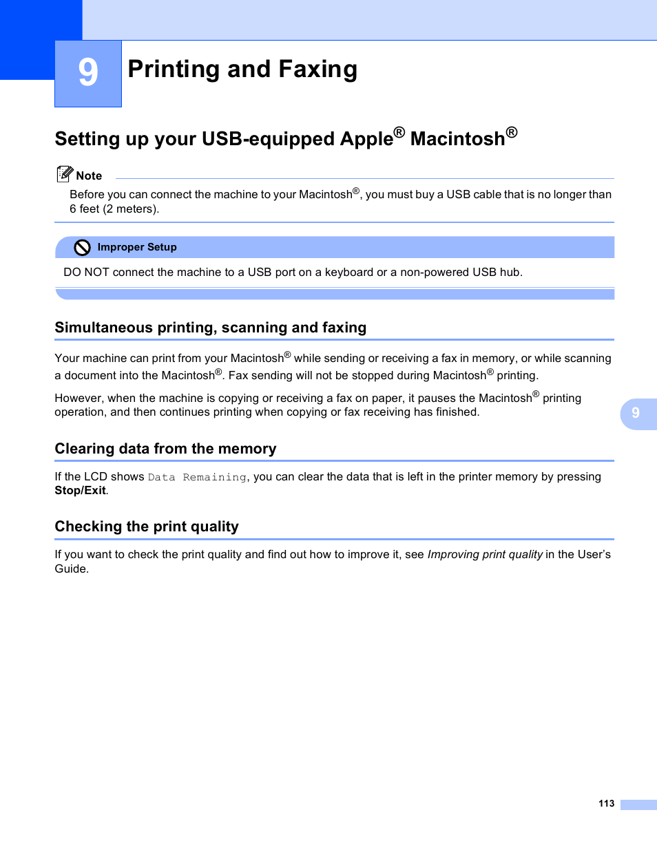 9 printing and faxing, Setting up your usb-equipped apple® macintosh, Simultaneous printing, scanning and faxing | Clearing data from the memory, Checking the print quality, Printing and faxing, Setting up your usb-equipped apple, Macintosh | Brother MFC-230C User Manual | Page 119 / 168