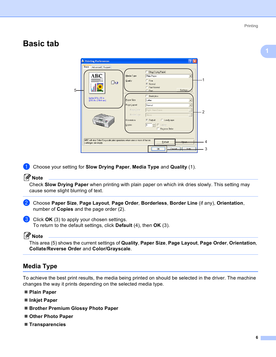 Basic tab, Media type | Brother MFC-230C User Manual | Page 12 / 168