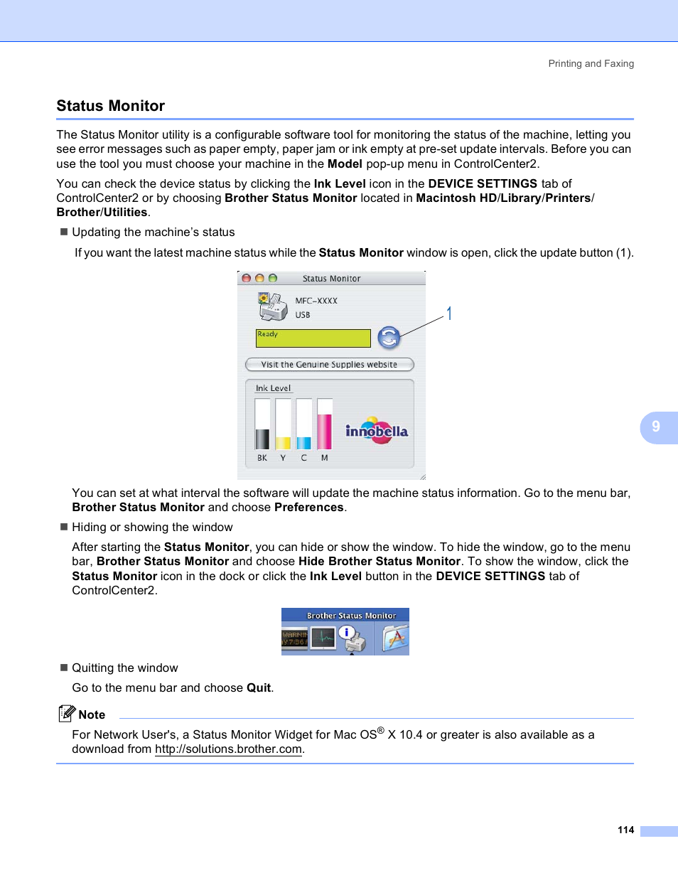 Status monitor, 9status monitor | Brother MFC-230C User Manual | Page 120 / 168