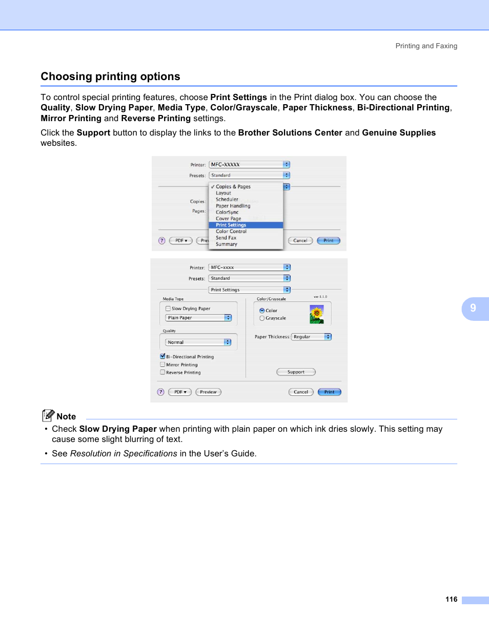 Choosing printing options, 9choosing printing options | Brother MFC-230C User Manual | Page 122 / 168