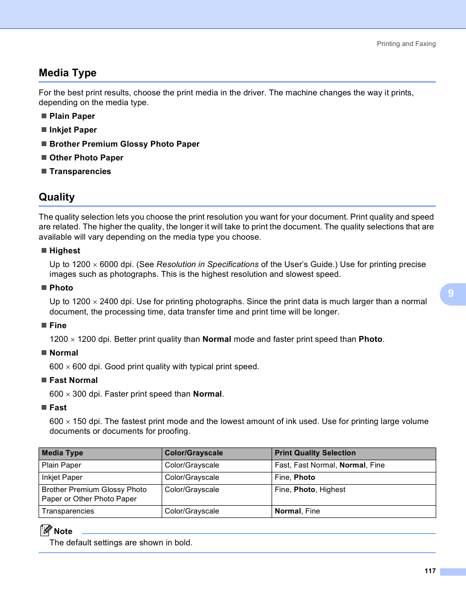 Media type, Quality, Media type quality | 9media type | Brother MFC-230C User Manual | Page 123 / 168