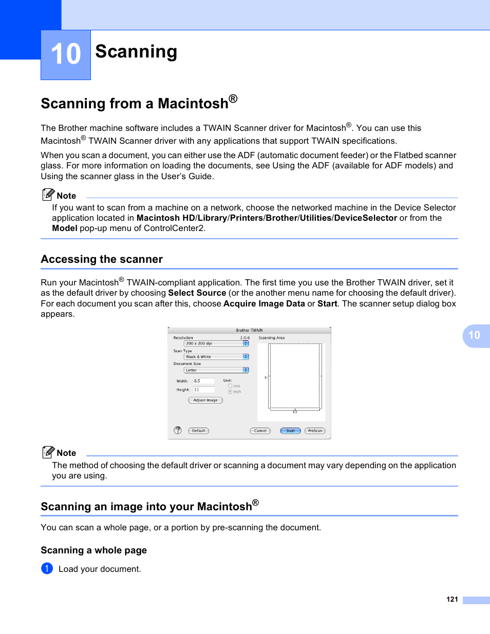 10 scanning, Scanning from a macintosh, Accessing the scanner | Scanning an image into your macintosh, Scanning | Brother MFC-230C User Manual | Page 127 / 168