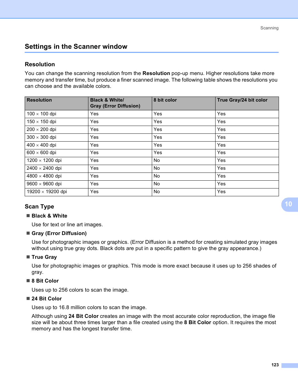 Settings in the scanner window, Resolution, Scan type | 10 settings in the scanner window | Brother MFC-230C User Manual | Page 129 / 168