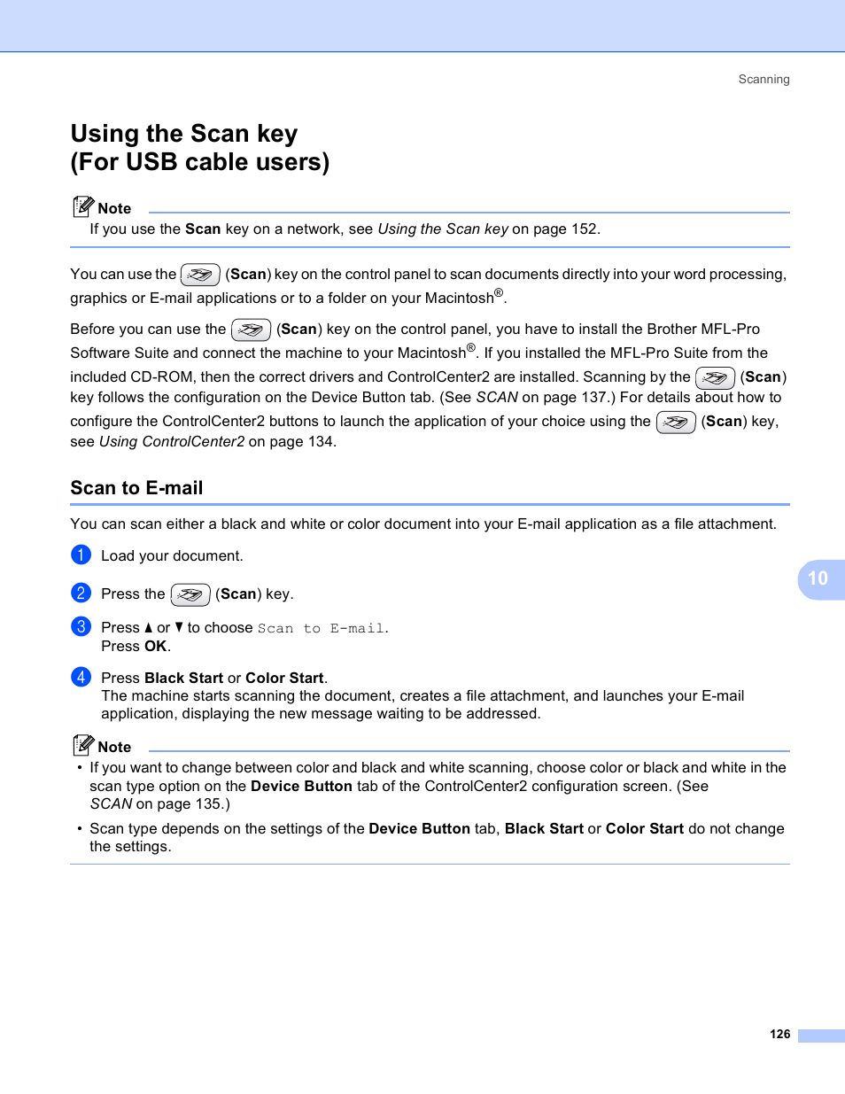 Using the scan key (for usb cable users), Scan to e-mail | Brother MFC-230C User Manual | Page 132 / 168