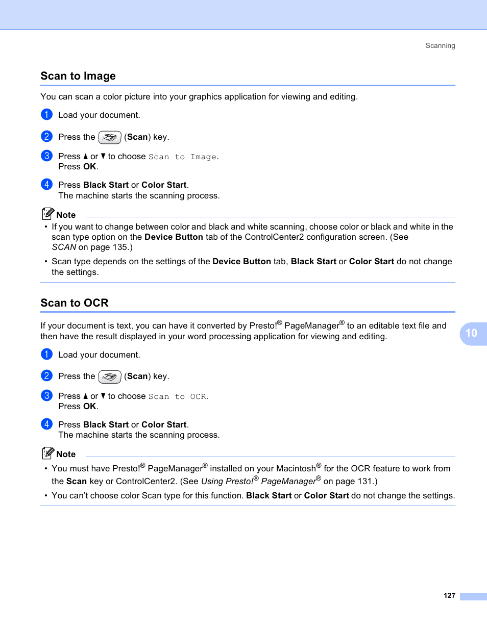 Scan to image, Scan to ocr, Scan to image scan to ocr | 10 scan to image | Brother MFC-230C User Manual | Page 133 / 168