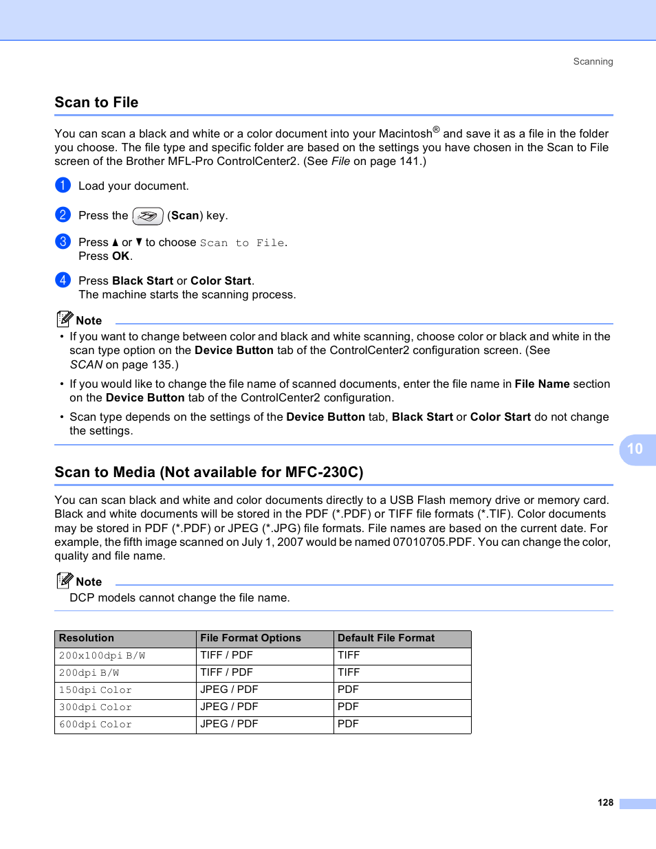 Scan to file, Scan to media (not available for mfc-230c), 10 scan to file | Brother MFC-230C User Manual | Page 134 / 168