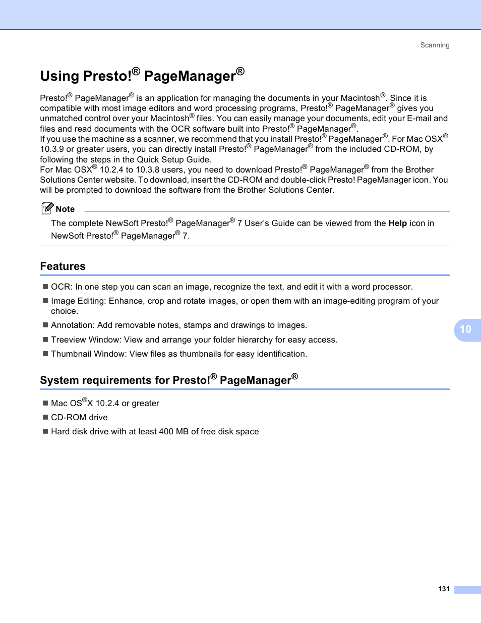 Features, Using presto, Features system requirements for presto | Pagemanager, System requirements for presto | Brother MFC-230C User Manual | Page 137 / 168