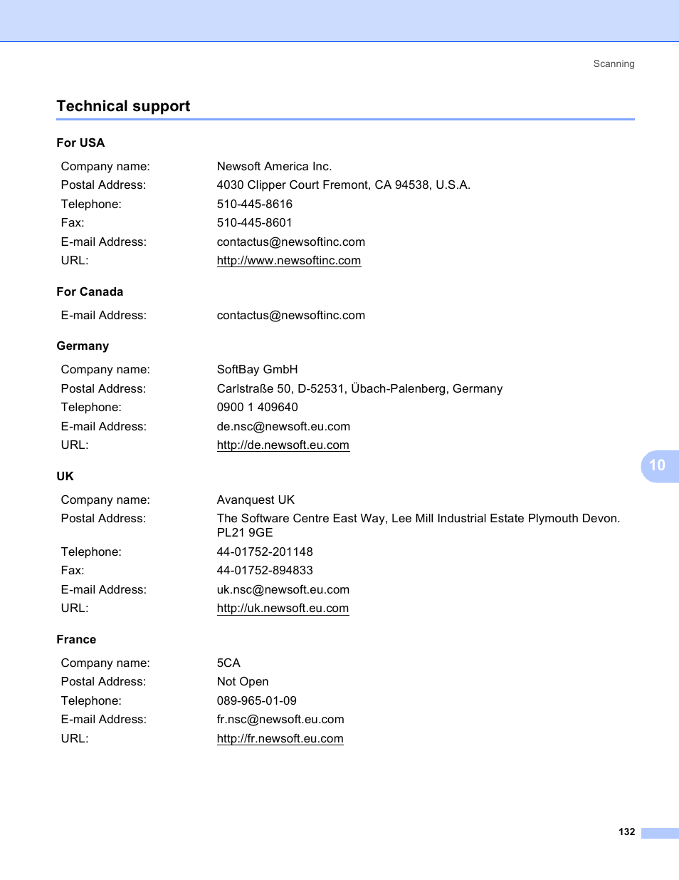 Technical support, 10 technical support | Brother MFC-230C User Manual | Page 138 / 168