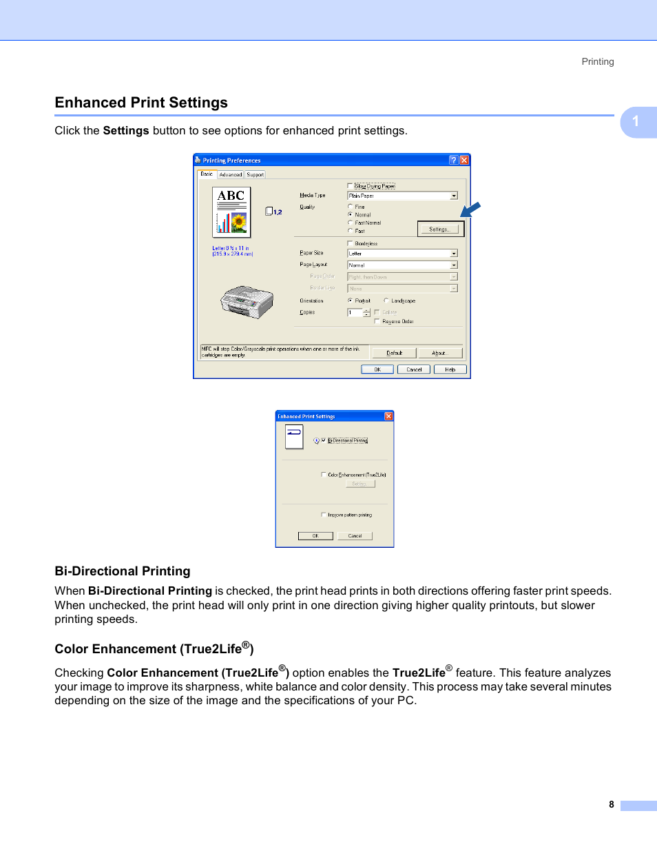 Enhanced print settings, Bi-directional printing, Color enhancement (true2life®) | 1enhanced print settings, Color enhancement (true2life | Brother MFC-230C User Manual | Page 14 / 168