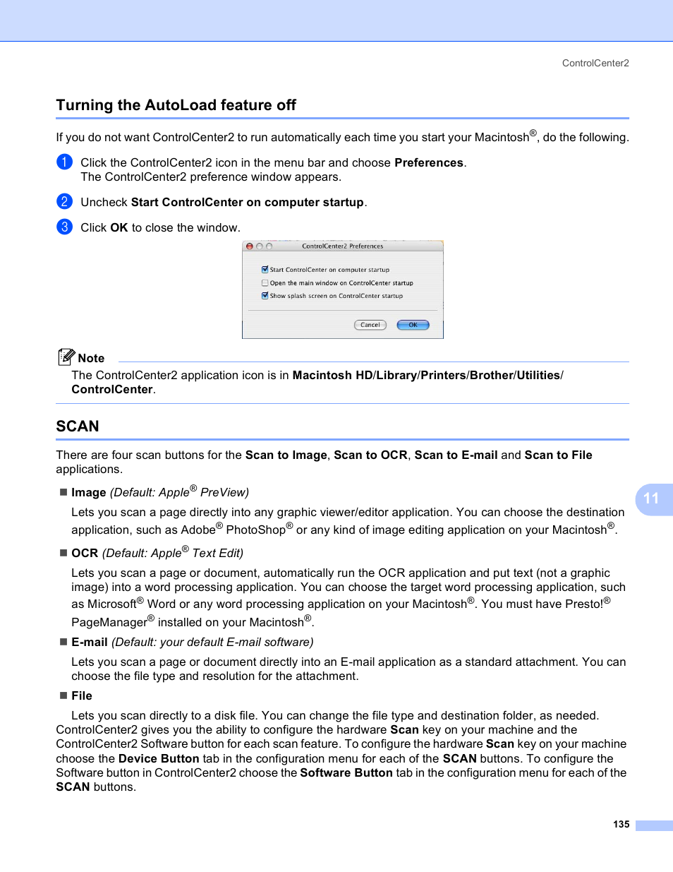 Turning the autoload feature off, Scan, Turning the autoload feature off scan | 11 turning the autoload feature off | Brother MFC-230C User Manual | Page 141 / 168