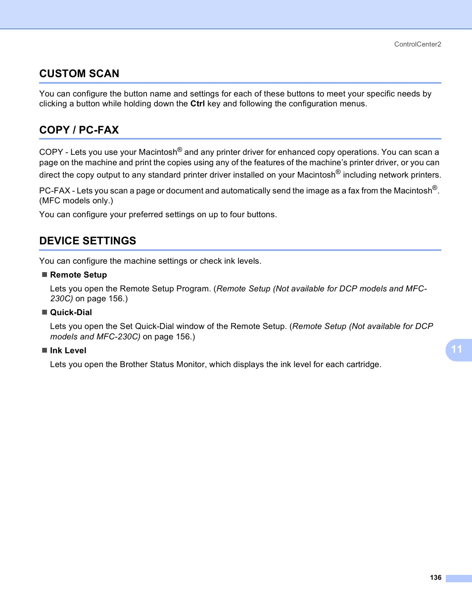 Custom scan, Copy / pc-fax, Device settings | Custom scan copy / pc-fax device settings, 11 custom scan | Brother MFC-230C User Manual | Page 142 / 168