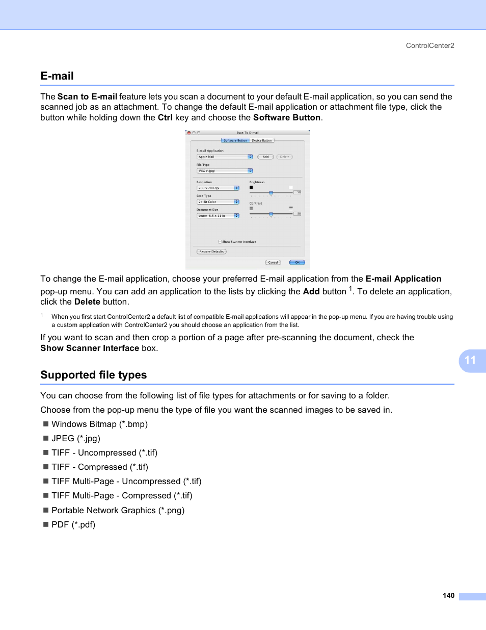 E-mail, Supported file types, E-mail supported file types | 11 e-mail | Brother MFC-230C User Manual | Page 146 / 168