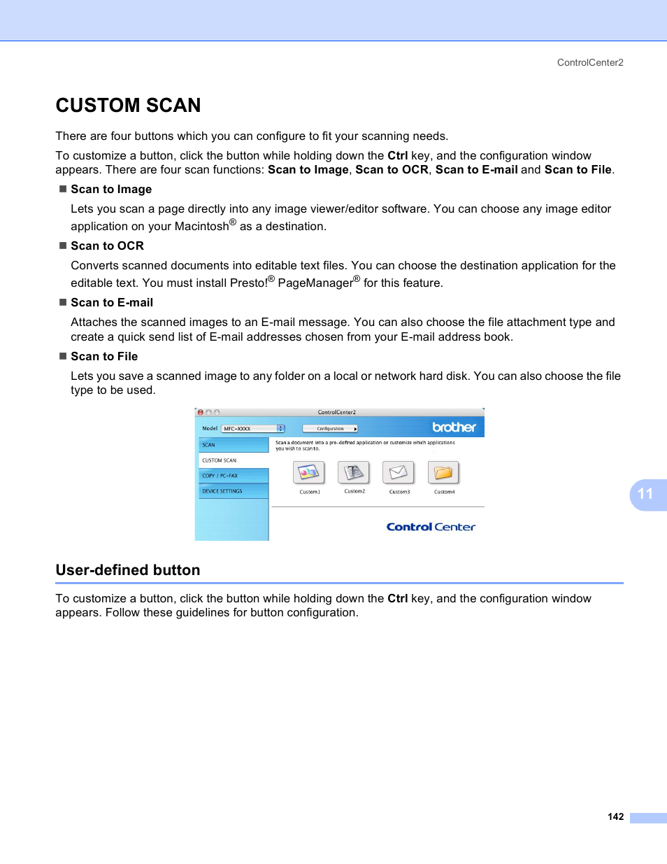 Custom scan, User-defined button | Brother MFC-230C User Manual | Page 148 / 168