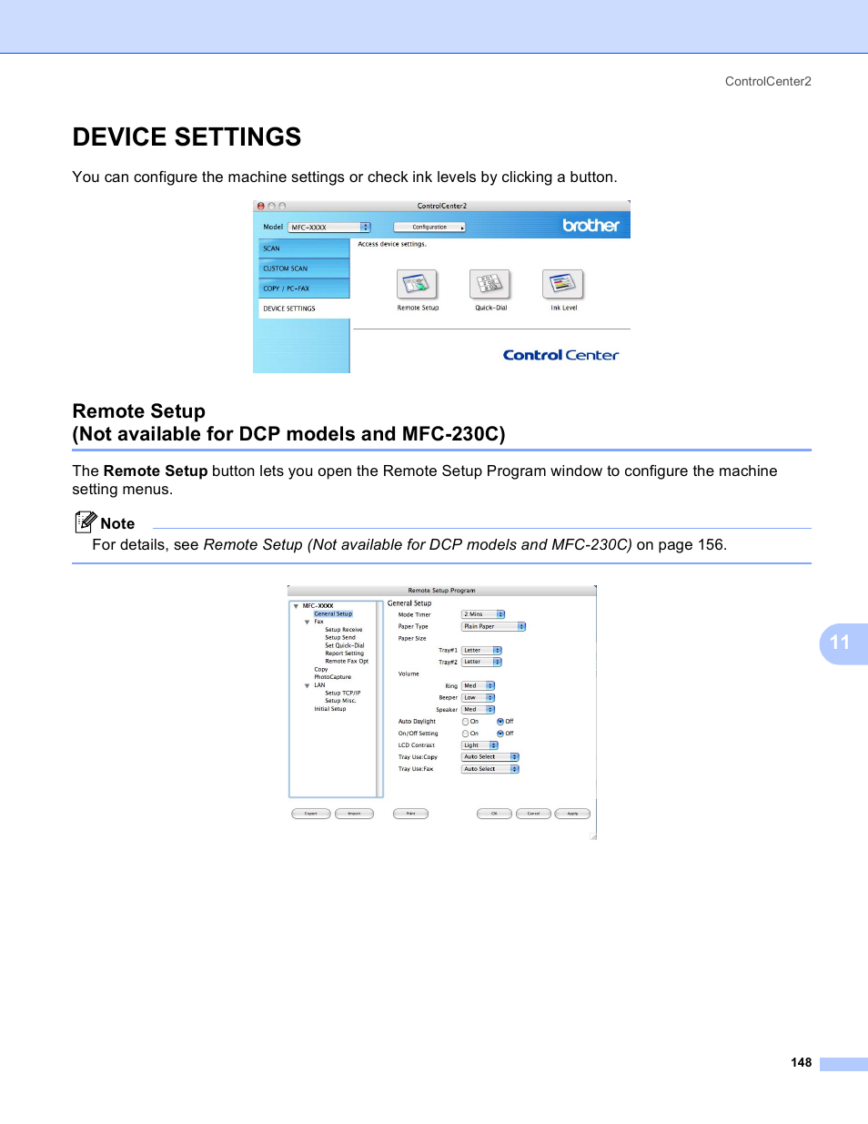 Device settings | Brother MFC-230C User Manual | Page 154 / 168