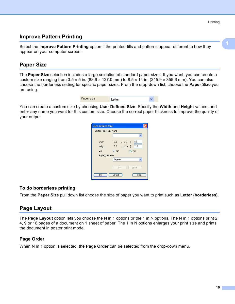 Improve pattern printing, Paper size, To do borderless printing | 1improve pattern printing, Page layout, Page order | Brother MFC-230C User Manual | Page 16 / 168