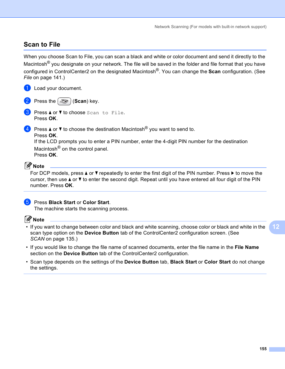 Scan to file, 12 scan to file | Brother MFC-230C User Manual | Page 161 / 168