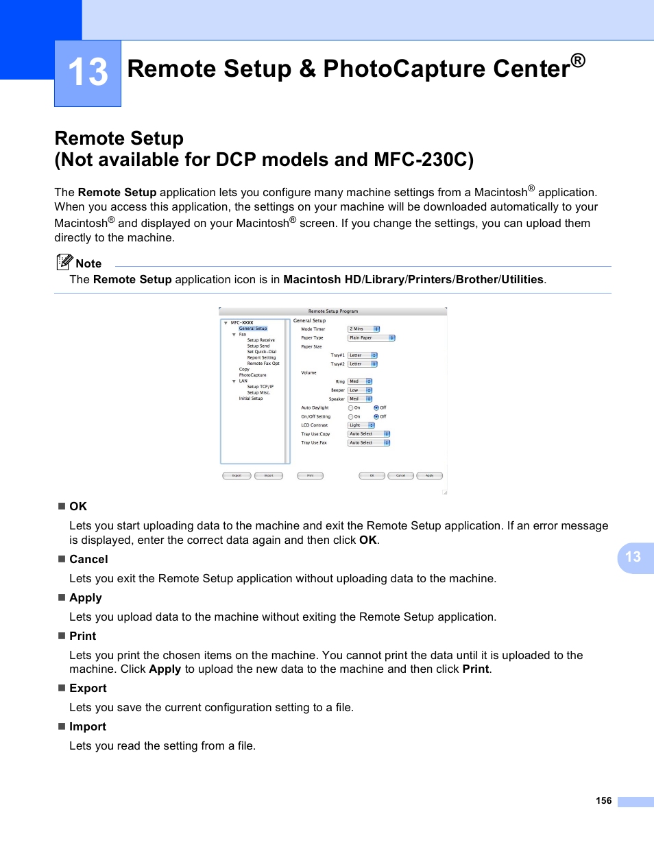 13 remote setup & photocapture center, Remote setup & photocapture center | Brother MFC-230C User Manual | Page 162 / 168
