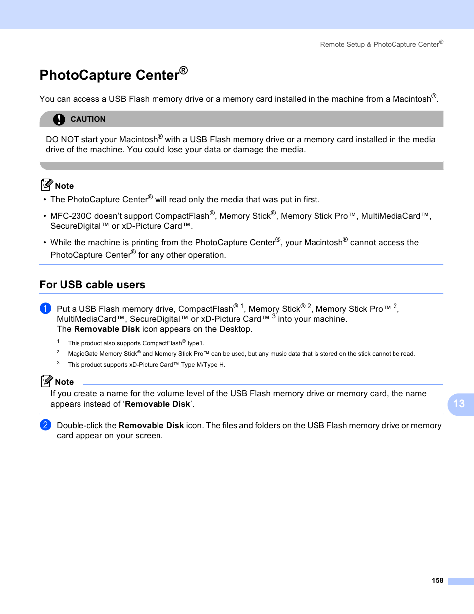 Photocapture center, For usb cable users | Brother MFC-230C User Manual | Page 164 / 168