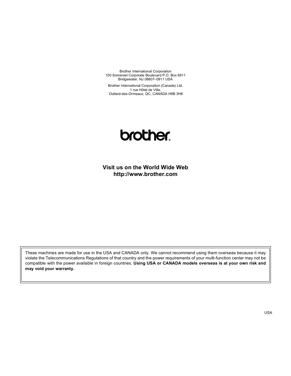 Brother usa | Brother MFC-230C User Manual | Page 168 / 168