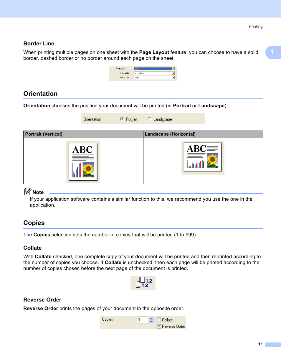 Border line, Orientation, Copies | Collate, Reverse order, Orientation copies, Portrait (vertical) landscape (horizontal) | Brother MFC-230C User Manual | Page 17 / 168