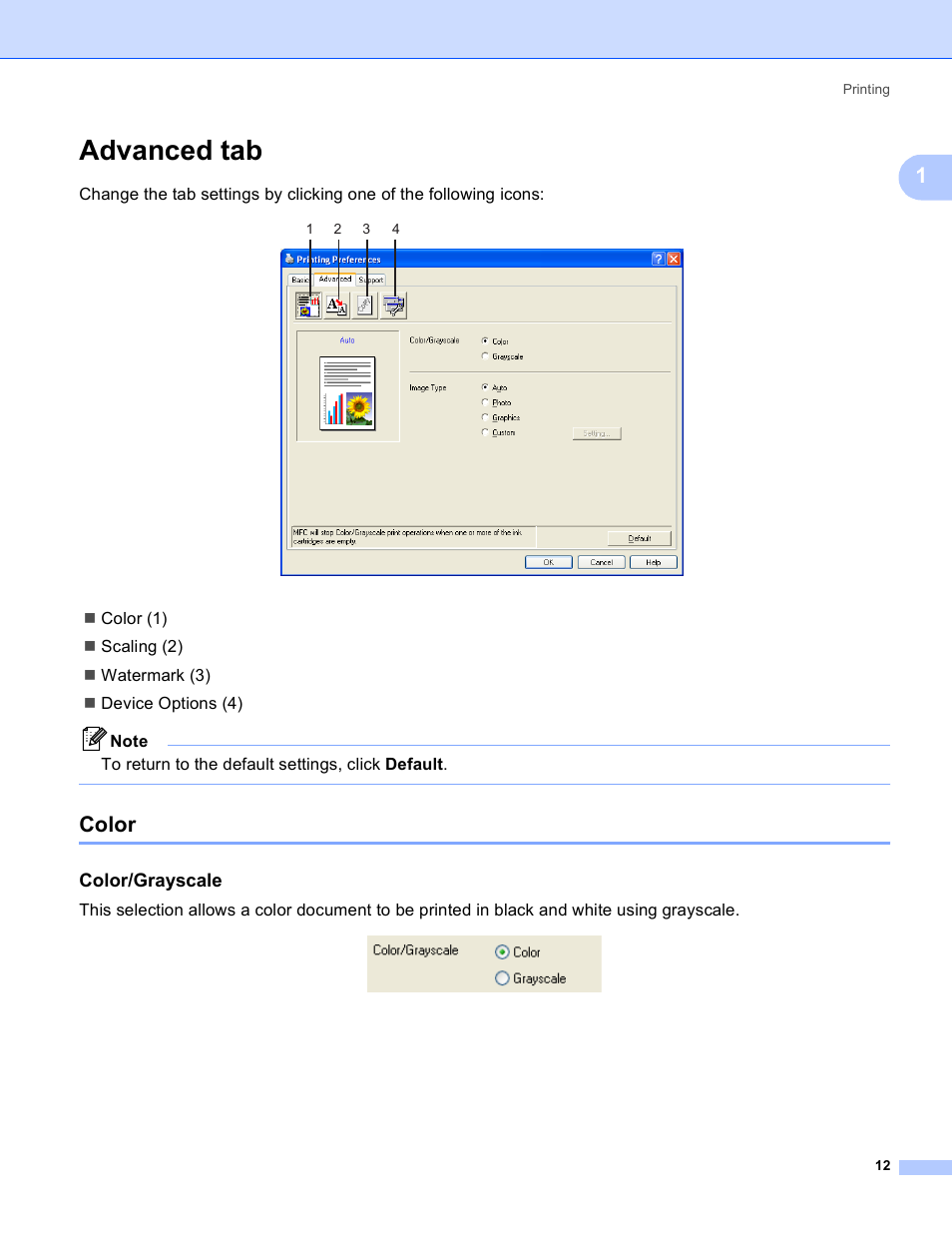 Advanced tab, Color, Color/grayscale | Brother MFC-230C User Manual | Page 18 / 168