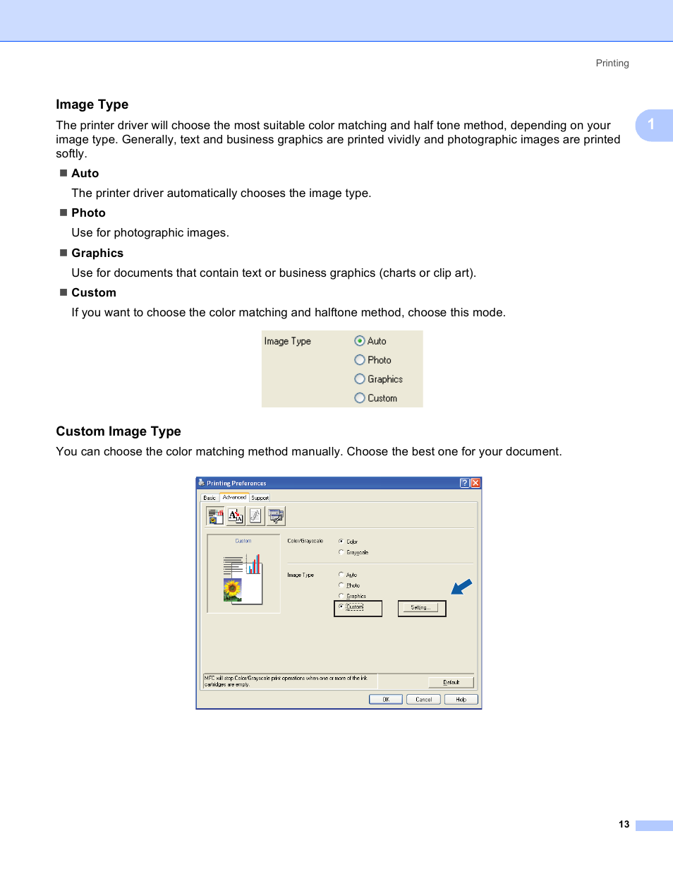 Image type, Custom image type | Brother MFC-230C User Manual | Page 19 / 168
