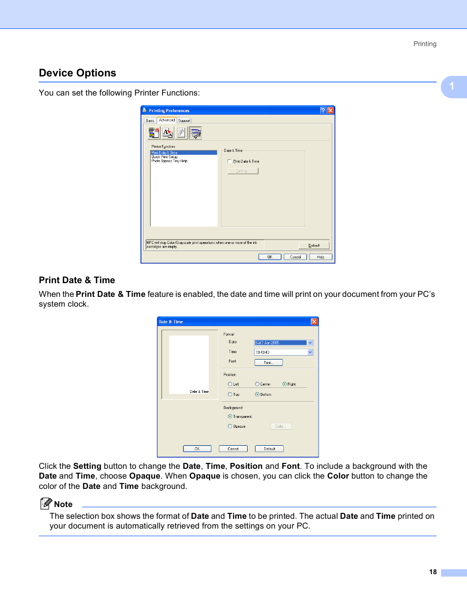 Device options, Print date & time, 1device options | You can set the following printer functions | Brother MFC-230C User Manual | Page 24 / 168