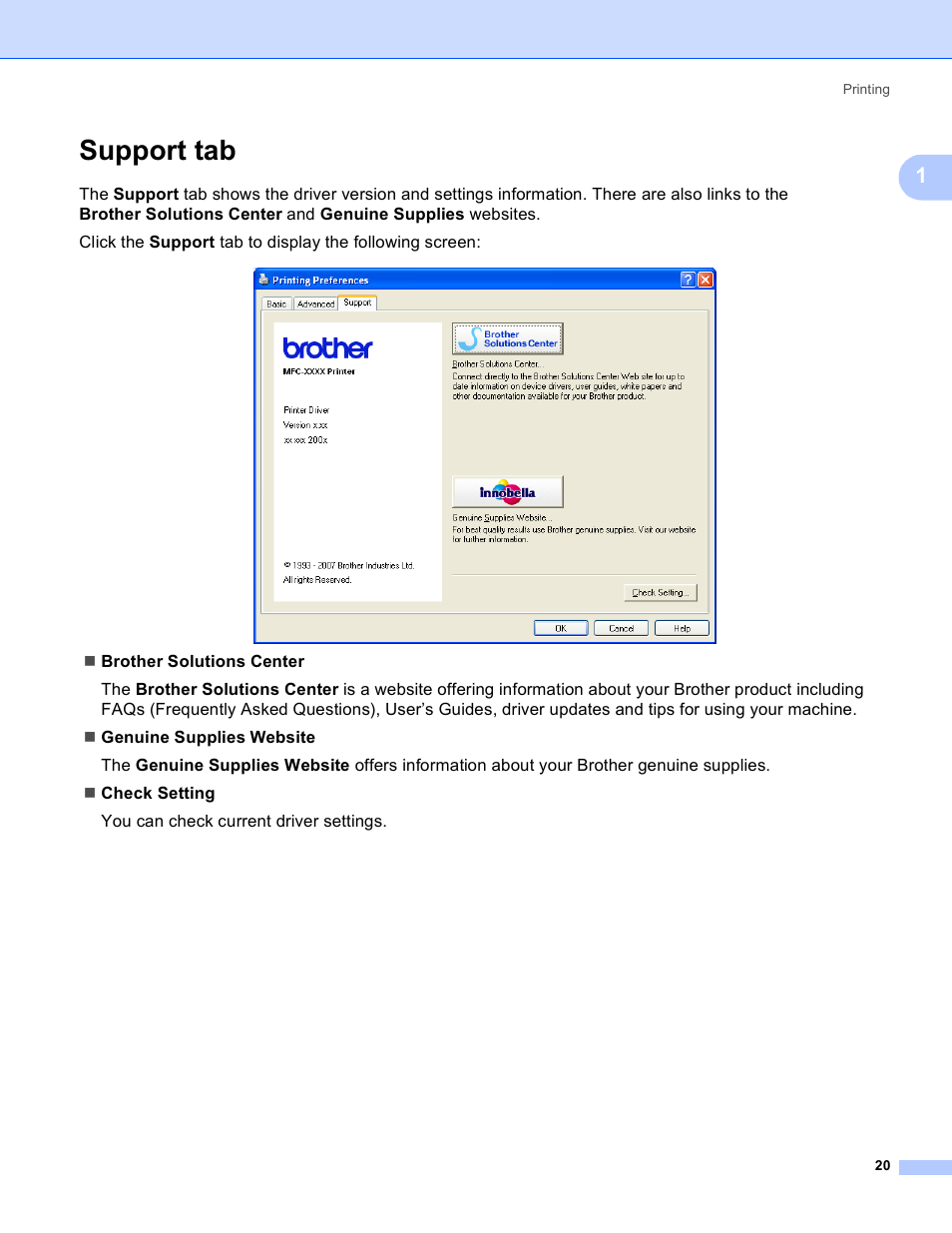 Support tab | Brother MFC-230C User Manual | Page 26 / 168