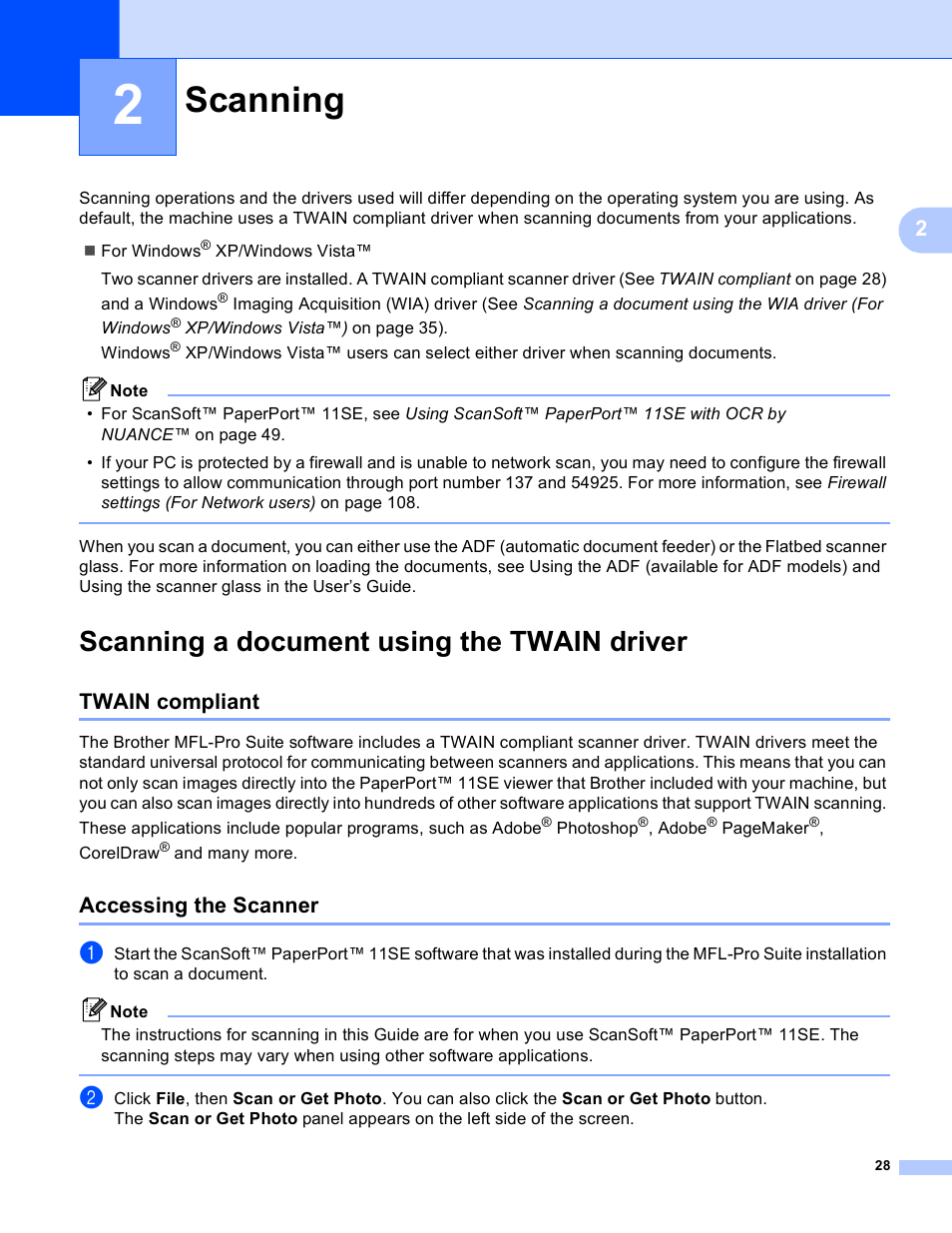 2 scanning, Scanning a document using the twain driver, Twain compliant | Accessing the scanner, Scanning, Twain compliant accessing the scanner | Brother MFC-230C User Manual | Page 34 / 168