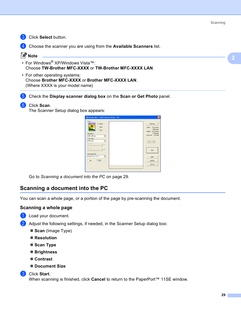 Scanning a document into the pc | Brother MFC-230C User Manual | Page 35 / 168
