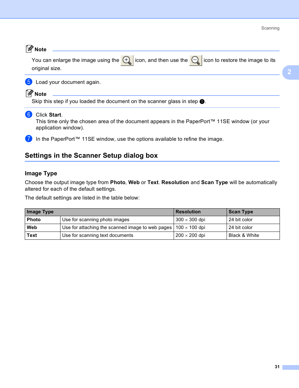 Settings in the scanner setup dialog box, Image type | Brother MFC-230C User Manual | Page 37 / 168