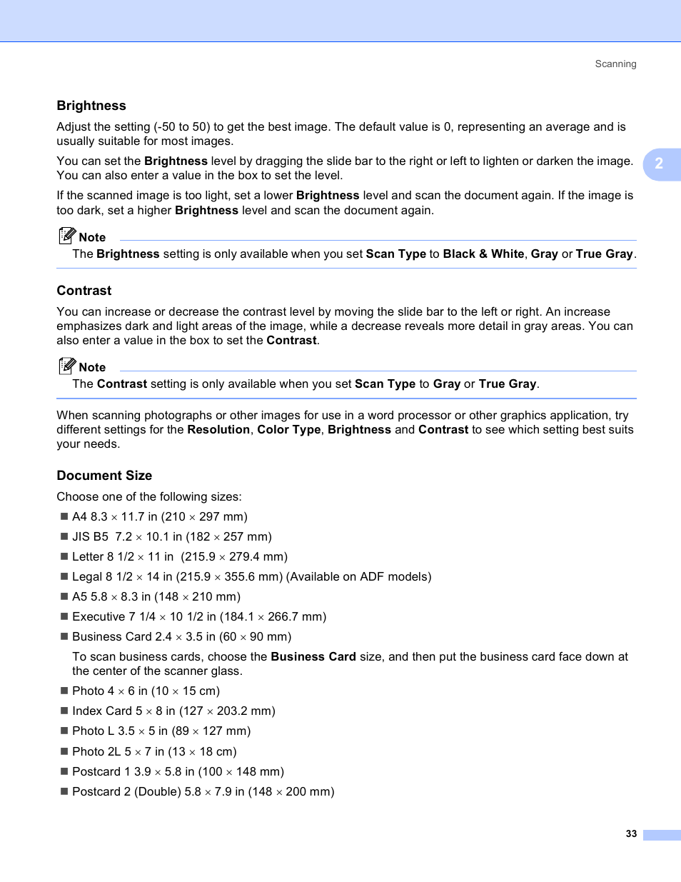 Brightness, Contrast, Document size | Brother MFC-230C User Manual | Page 39 / 168