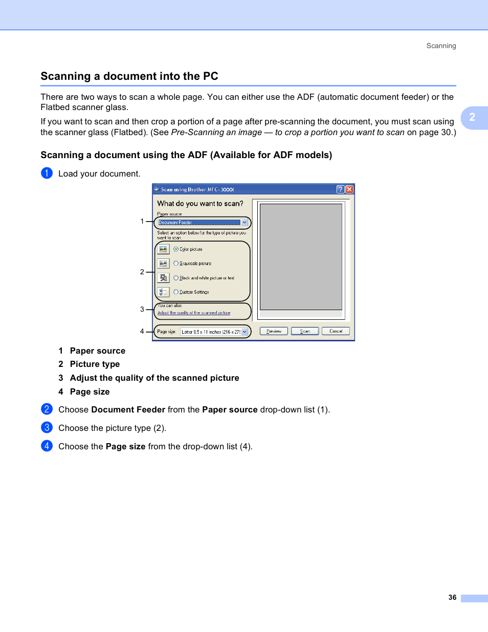 Scanning a document into the pc, 2scanning a document into the pc | Brother MFC-230C User Manual | Page 42 / 168
