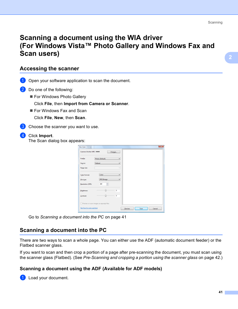 Accessing the scanner, Scanning a document into the pc, Scanning a document using the wia driver | Brother MFC-230C User Manual | Page 47 / 168