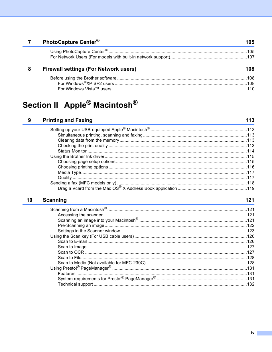 Macintosh | Brother MFC-230C User Manual | Page 5 / 168