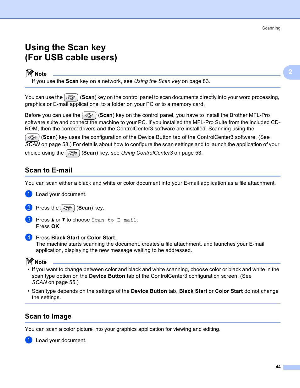 Using the scan key (for usb cable users), Scan to e-mail, Scan to image | Scan to e-mail scan to image | Brother MFC-230C User Manual | Page 50 / 168