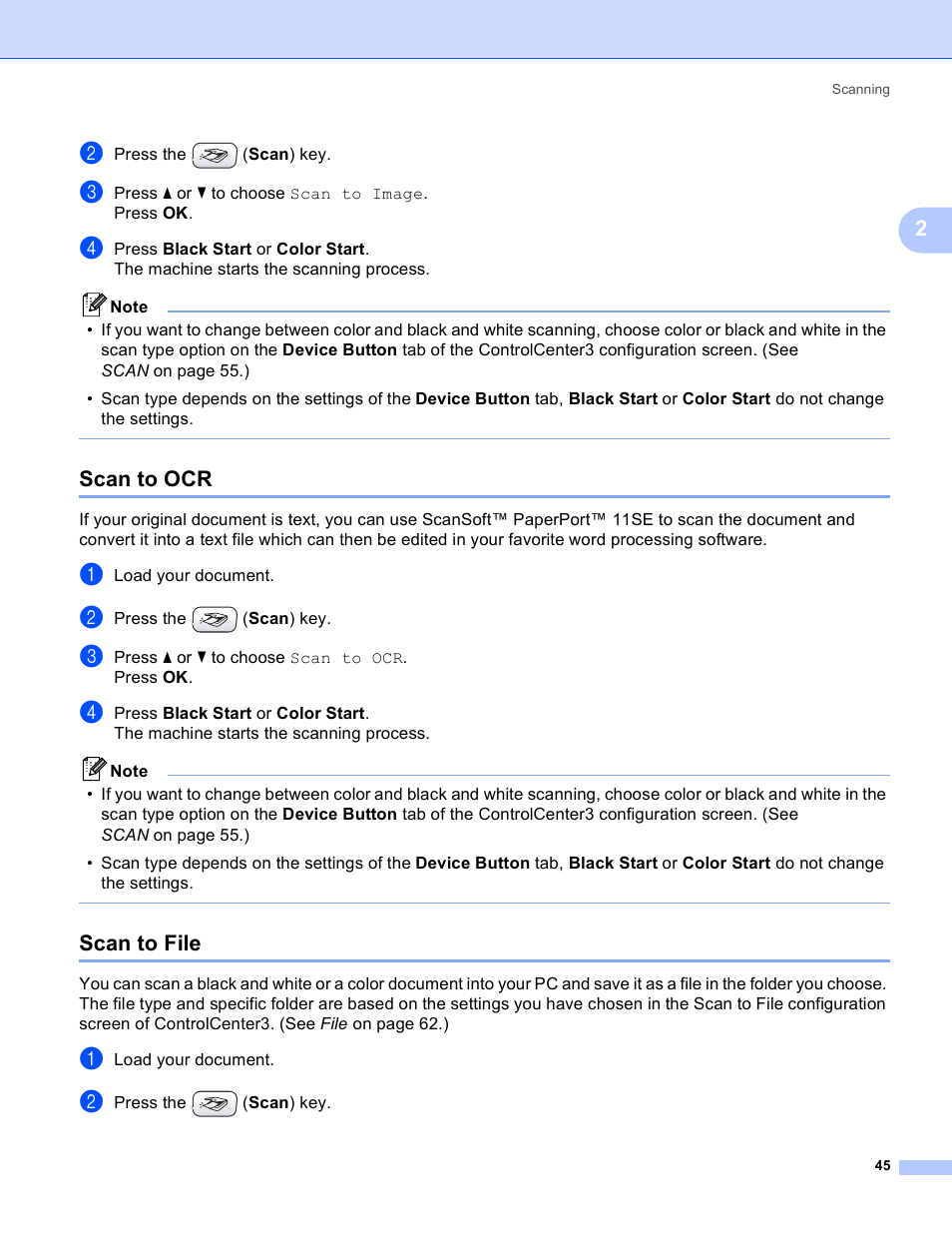 Scan to ocr, Scan to file, Scan to ocr scan to file | Brother MFC-230C User Manual | Page 51 / 168