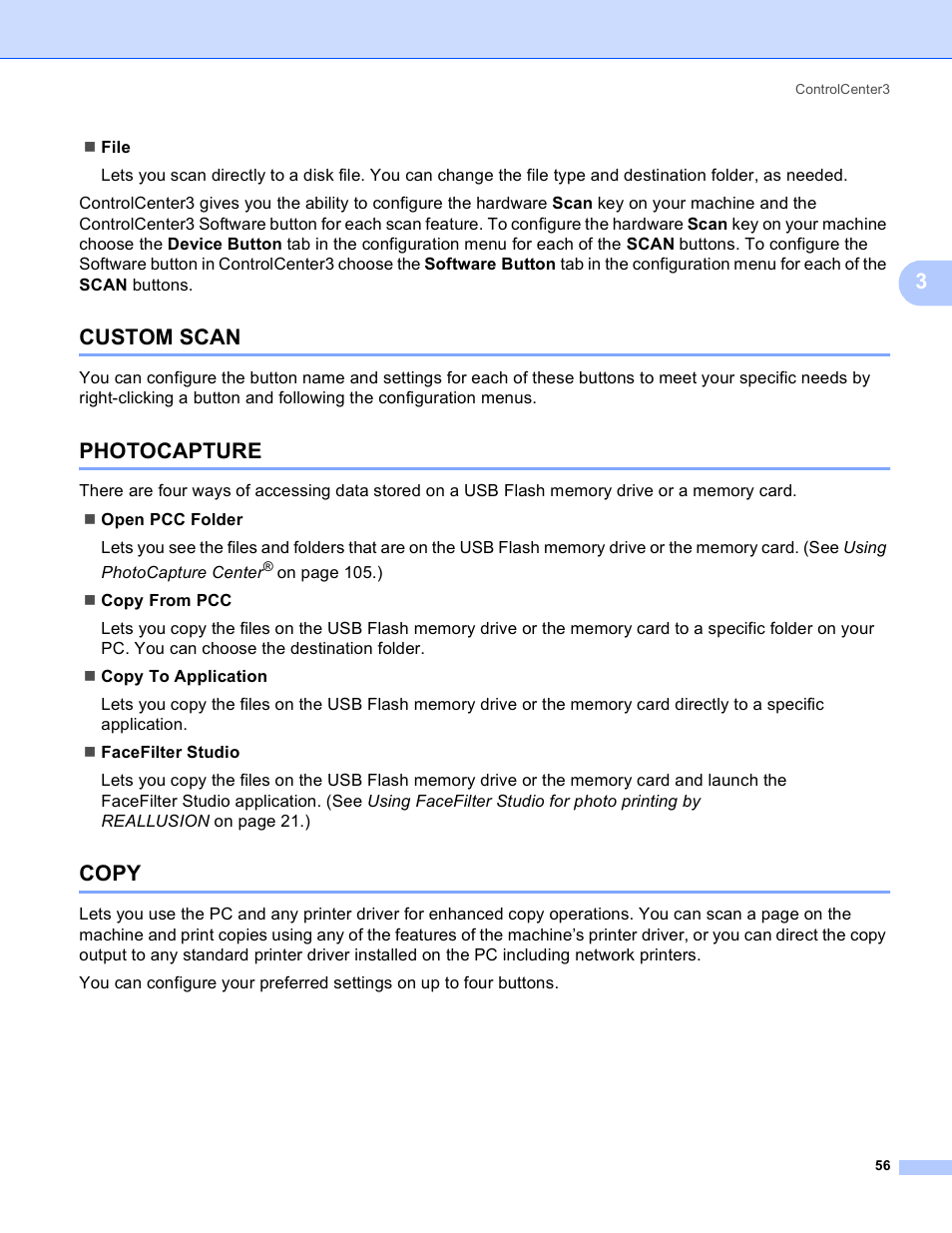 Custom scan, Photocapture, Copy | Custom scan photocapture copy | Brother MFC-230C User Manual | Page 62 / 168