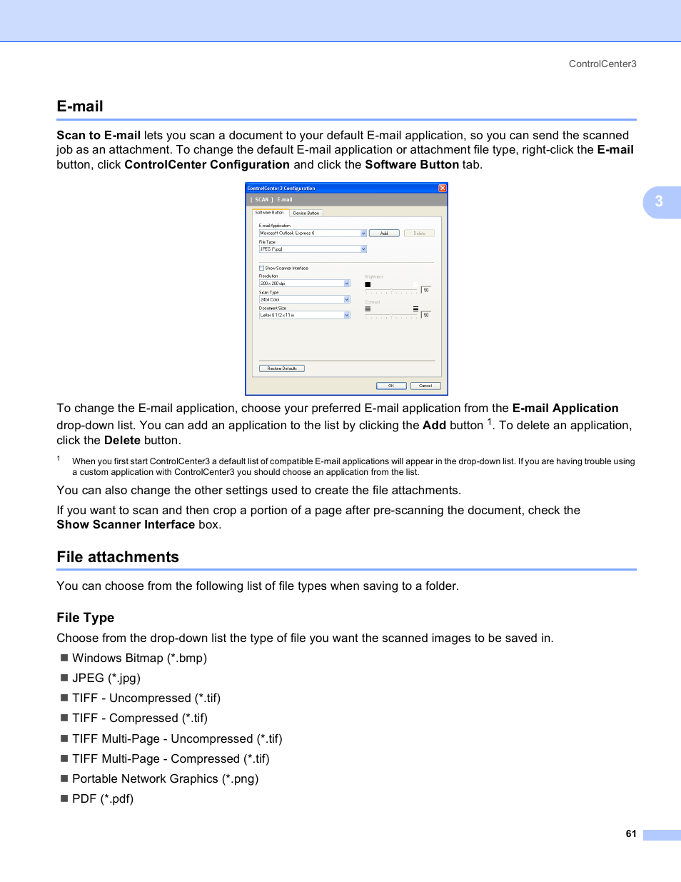 E-mail, File attachments, File type | E-mail file attachments, 3e-mail | Brother MFC-230C User Manual | Page 67 / 168