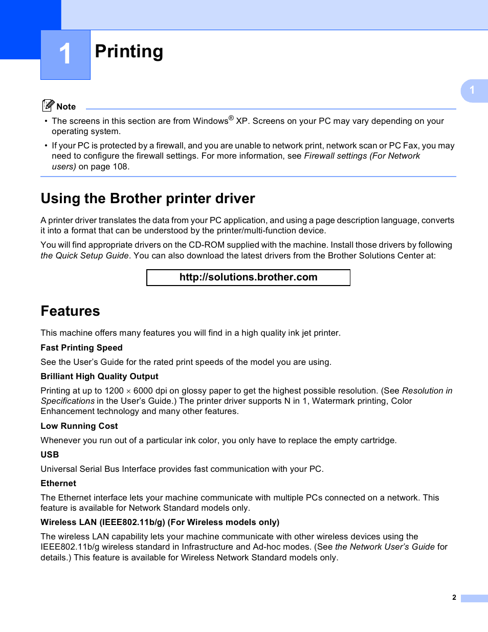 1 printing, Using the brother printer driver, Features | Printing, Using the brother printer driver features | Brother MFC-230C User Manual | Page 8 / 168