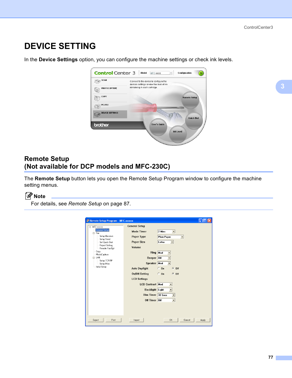 Device setting | Brother MFC-230C User Manual | Page 83 / 168