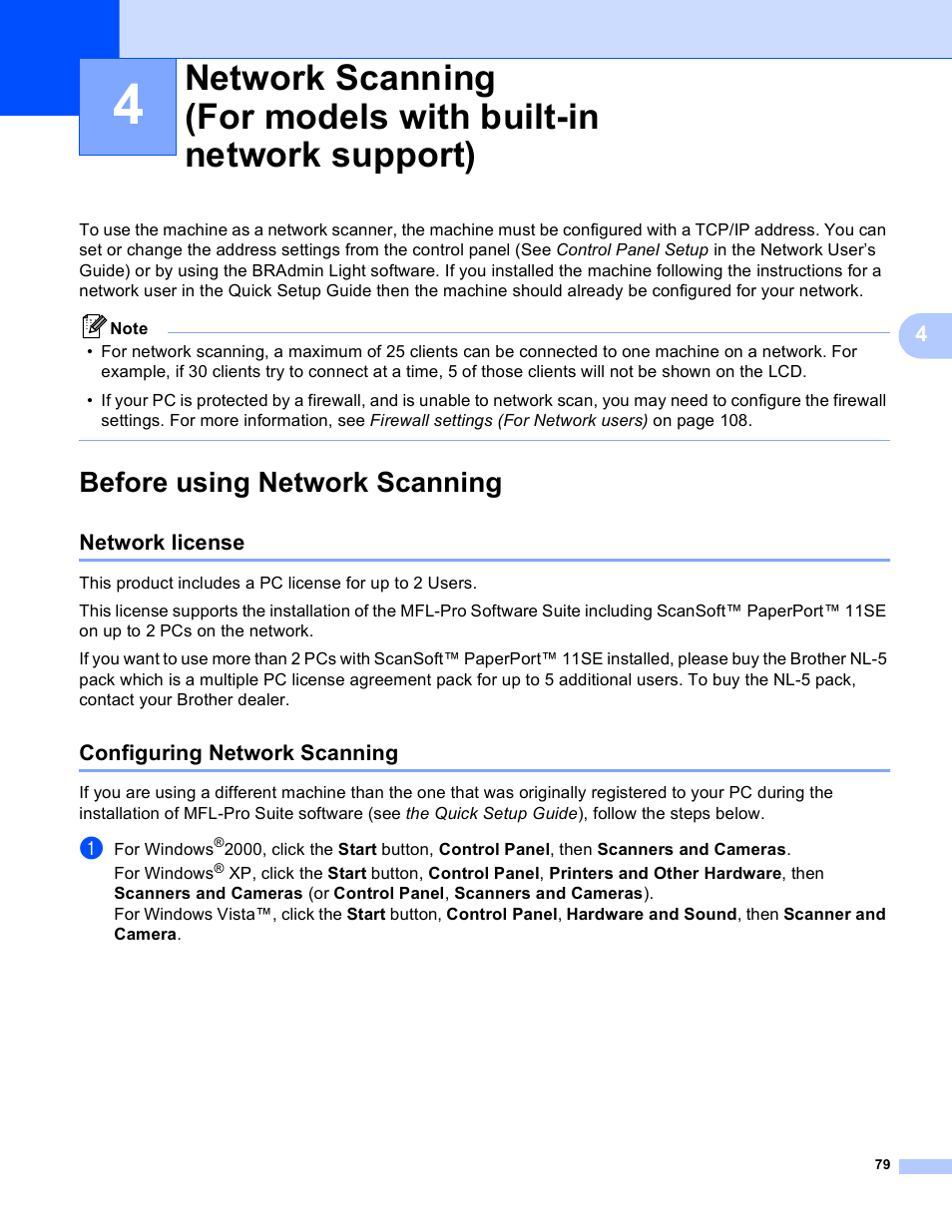 Before using network scanning, Network license, Configuring network scanning | Network license configuring network scanning | Brother MFC-230C User Manual | Page 85 / 168