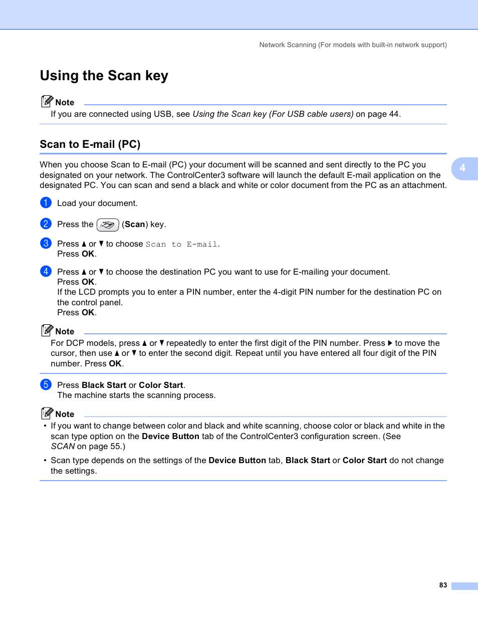 Using the scan key, Scan to e-mail (pc) | Brother MFC-230C User Manual | Page 89 / 168