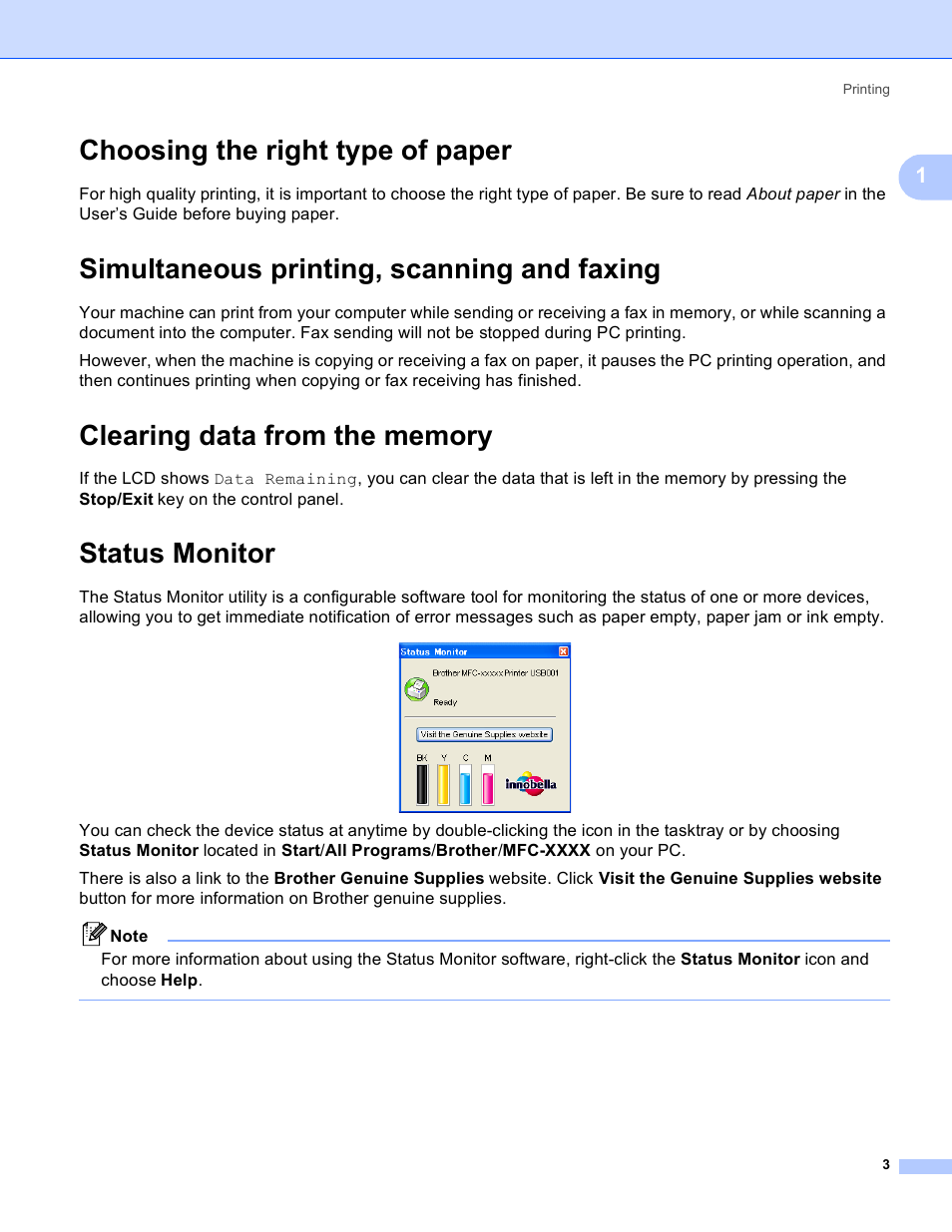 Choosing the right type of paper, Simultaneous printing, scanning and faxing, Clearing data from the memory | Status monitor | Brother MFC-230C User Manual | Page 9 / 168