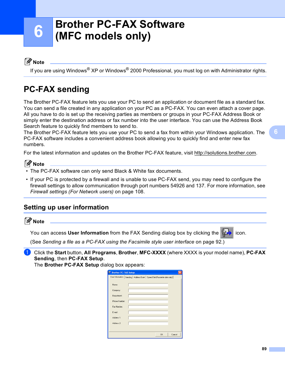 6 brother pc-fax software (mfc models only), Pc-fax sending, Setting up user information | Brother pc-fax software (mfc models only) | Brother MFC-230C User Manual | Page 95 / 168