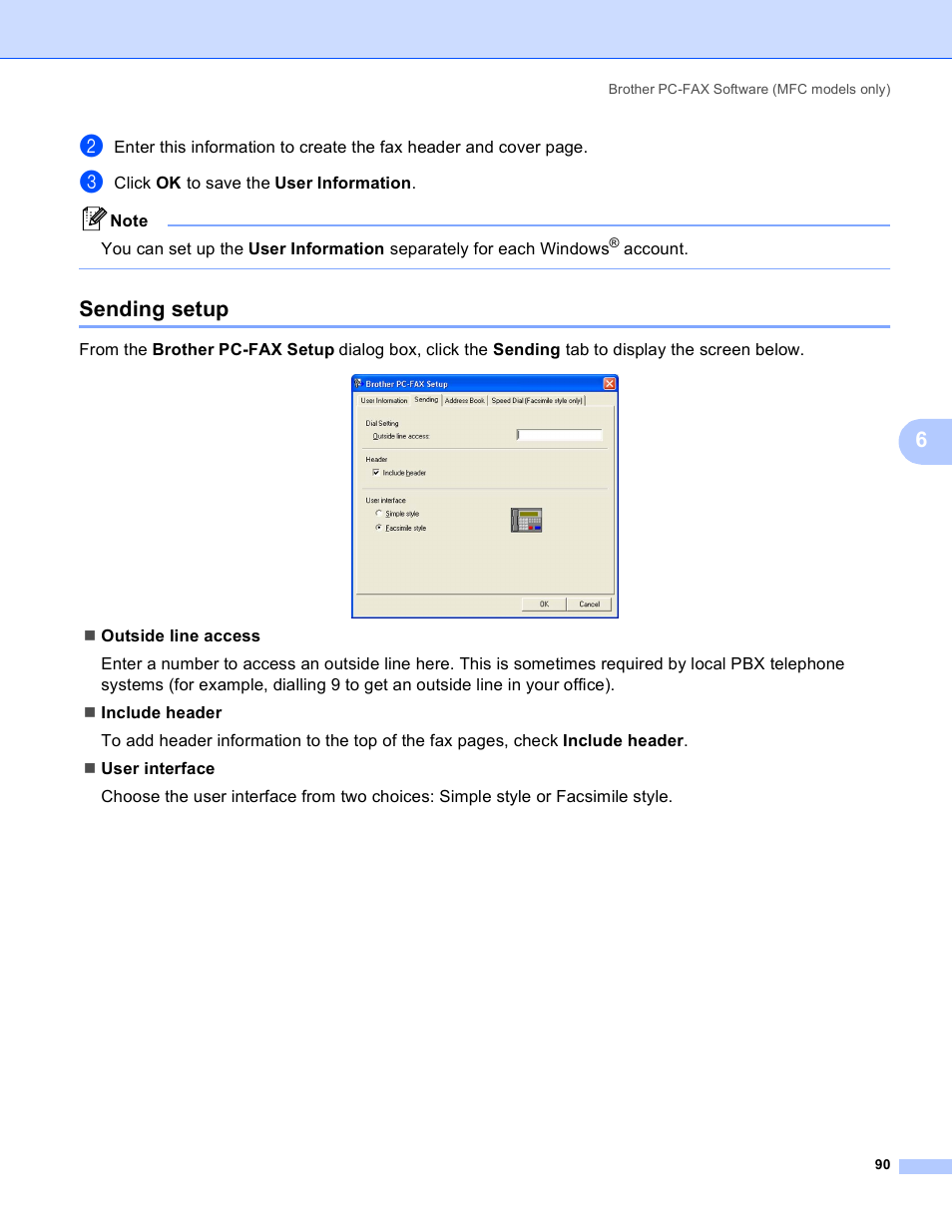 Sending setup | Brother MFC-230C User Manual | Page 96 / 168
