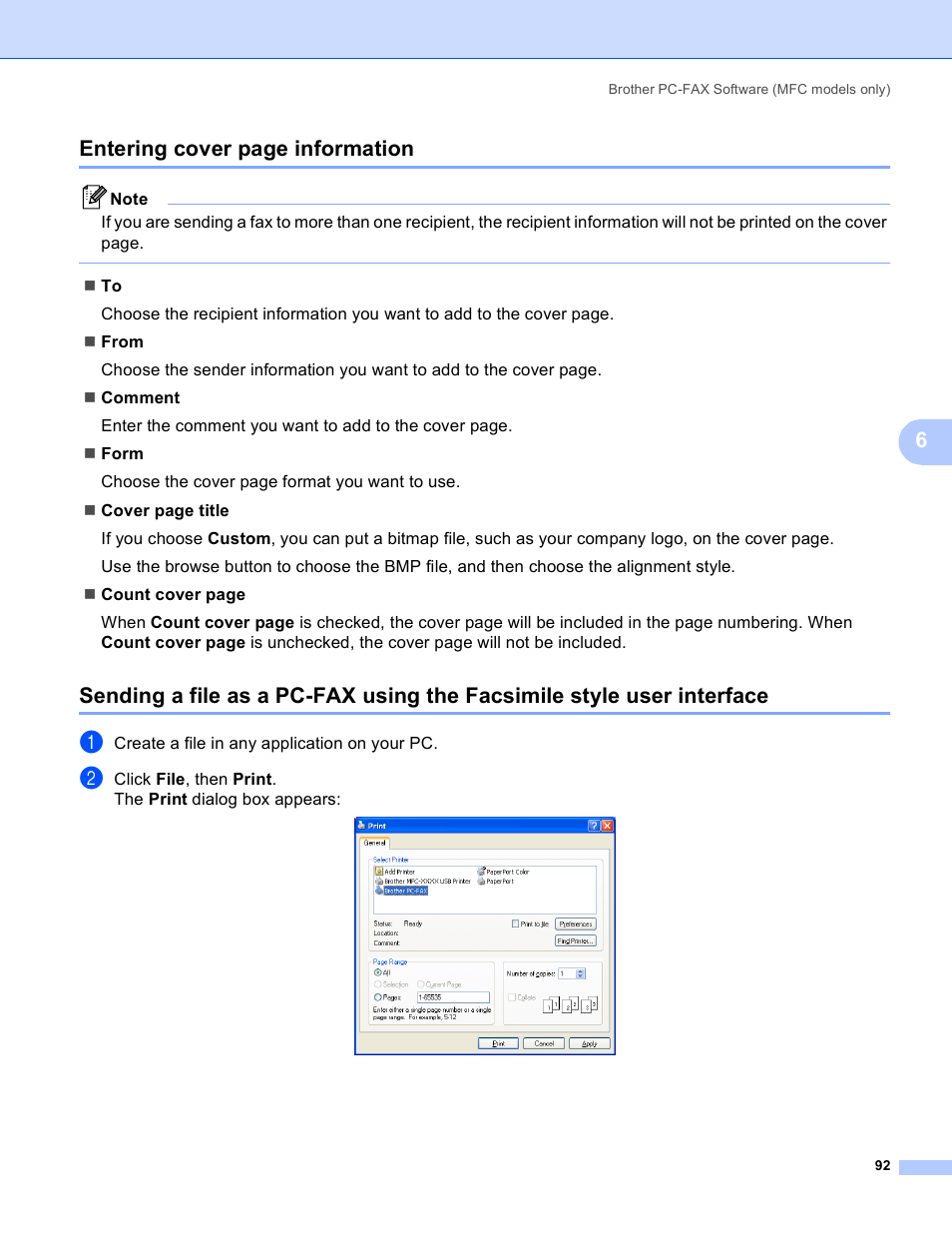 6entering cover page information | Brother MFC-230C User Manual | Page 98 / 168