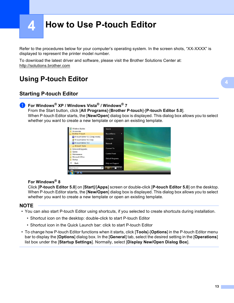 4 how to use p-touch editor, Using p-touch editor, Starting p-touch editor | How to use p-touch editor | Brother TD-2120N User Manual | Page 17 / 94