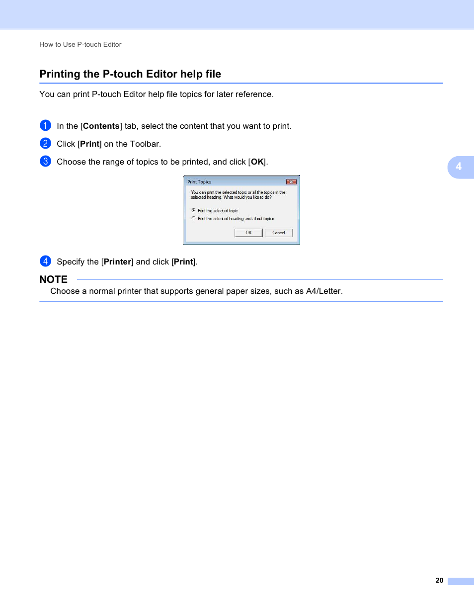 Printing the p-touch editor help file, 4printing the p-touch editor help file | Brother TD-2120N User Manual | Page 24 / 94